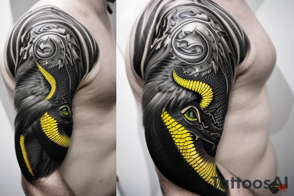 Shoulder sleeve
dragon tattoo with black scales, yellow highlights on scales, sharp claws, silky hair and green expressive eyes. Its head is on the shoulder, and its body wraps around the arm in a spiral. The dragon's mouth is open as if it's roaring. Snowy mountains in the distance. The tallest peak is in the centre of the design, and the snow is piled high on the ground. tattoo idea