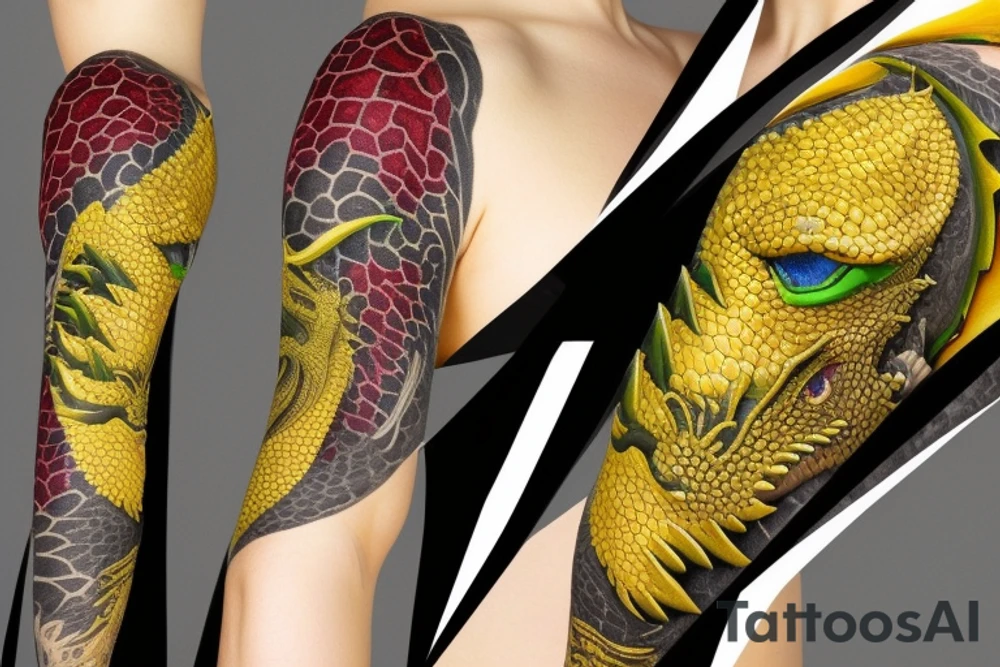Shoulder sleeve
dragon tattoo with black scales, yellow highlights on scales, sharp claws, silky hair and green expressive eyes. Its head is on the shoulder, and its body wraps around the arm in a spiral. The dragon's mouth is open as if it's roaring. Snowy mountains in the distance. The tallest peak is in the centre of the design, and the snow is piled high on the ground. tattoo idea