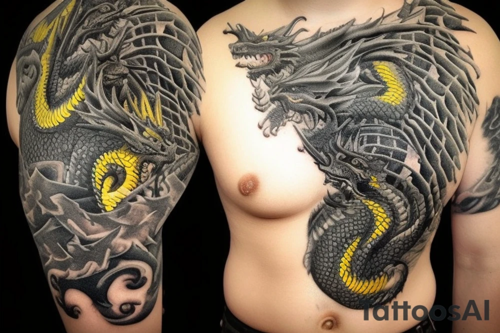 Shoulder sleeve
dragon tattoo with black scales, yellow highlights on scales, sharp claws, silky hair and blue expressive eyes. Its head is on the shoulder, and its body wraps around the arm in a spiral. The dragon's mouth is open as if it's roaring. Snowy mountains in the distance. The tallest peak is in the centre of the design, and the snow is piled high on the ground. tattoo idea