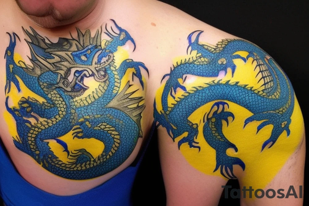 Shoulder sleeve
dragon tattoo with black scales, yellow highlights on scales, sharp claws, silky hair and blue expressive eyes. Its head is on the shoulder, and its body wraps around the arm in a spiral. The dragon's mouth is open as if it's roaring. Snowy mountains in the distance. The tallest peak is in the centre of the design, and the snow is piled high on the ground. tattoo idea