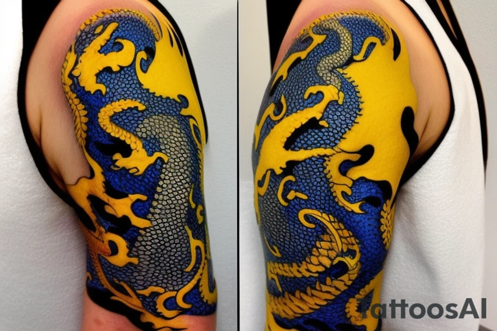 Shoulder sleeve
dragon tattoo with black scales, yellow highlights on scales, sharp claws, silky hair and blue eyes. Its head is on the shoulder, and its body wraps around the arm in a spiral. The dragon's mouth is open as if it's roaring. Snowy mountains in the distance. The tallest peak is in the centre of the design, and the snow is piled high on the ground. tattoo idea