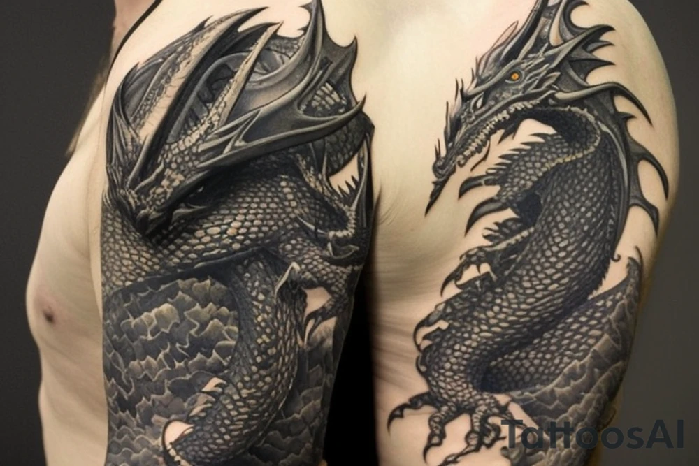 Shoulder sleeve
dragon tattoo with black scales, yellow highlights on scales, sharp claws, silky hair and blue eyes. Its head is on the shoulder, and its body wraps around the arm in a spiral. The dragon's mouth is open as if it's roaring. Snowy mountains in the distance. The tallest peak is in the centre of the design, and the snow is piled high on the ground. tattoo idea