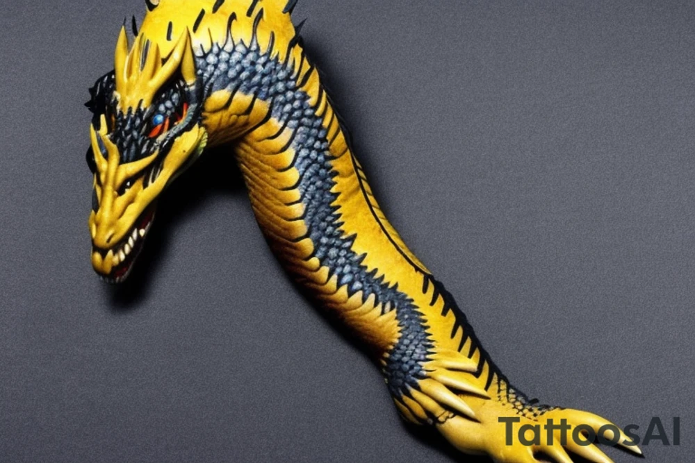 Shoulder sleeve
dragon tattoo with black scales, yellow highlights on scales, long sharp claws, silky hair and blue eyes. Its head is on the shoulder, and its body wraps around the arm in a spiral. The dragon's mouth is open as if it's roaring. Snowy mountains in the distance. The tallest peak is in the centre of the design, and the snow is piled high on the ground. tattoo idea
