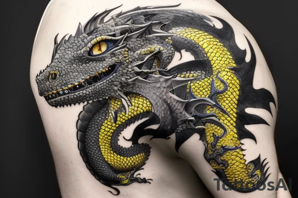 Shoulder sleeve
dragon tattoo with black scales, yellow highlights on scales, long sharp claws, silky hair and blue eyes. Its head is on the shoulder, and its body wraps around the arm in a spiral. The dragon's mouth is open as if it's roaring. Snowy mountains in the distance. The tallest peak is in the centre of the design, and the snow is piled high on the ground. tattoo idea