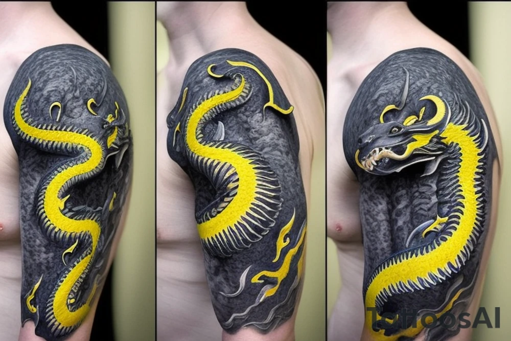 Shoulder sleeve
dragon tattoo with black scales, yellow highlights on scales, long sharp claws, silky hair and blue eyes. Its head is on the shoulder, and its body wraps around the arm in a spiral. The dragon's mouth is open as if it's roaring. Snowy mountains in the distance. The tallest peak is in the centre of the design, and the snow is piled high on the ground. tattoo idea