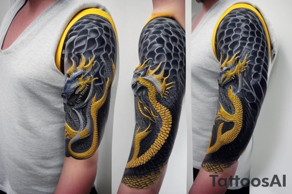 Shoulder sleeve
dragon tattoo with black scales, yellow highlights on scales, long sharp claws, silky hair and blue eyes. Its head is on the shoulder, and its body wraps around the arm in a spiral. The dragon's mouth is open as if it's roaring. Snowy mountains in the distance. The tallest peak is in the centre of the design, and the snow is piled high on the ground. tattoo idea