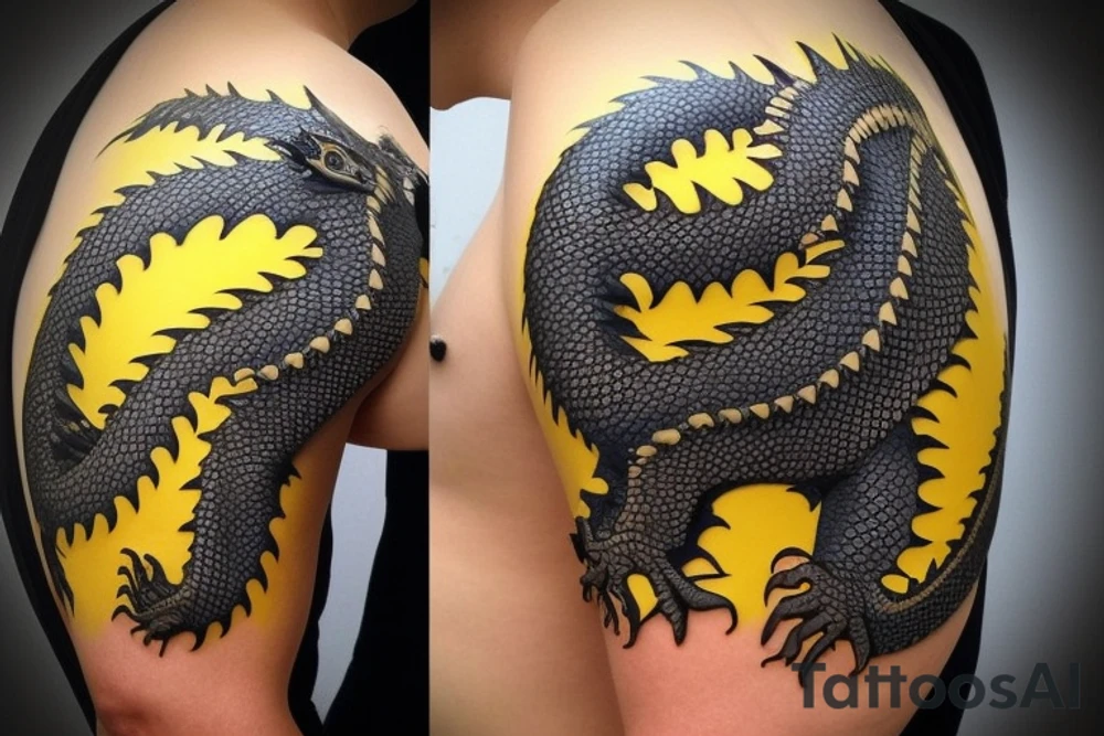 Shoulder sleeve
dragon tattoo with black scales, yellow highlights on scales, long sharp claws, silky hair and blue eyes. Its head is on the shoulder, and its body wraps around the arm in a spiral. The dragon's mouth is open as if it's roaring. Snowy mountains in the distance. The tallest peak is in the centre of the design, and the snow is piled high on the ground. tattoo idea