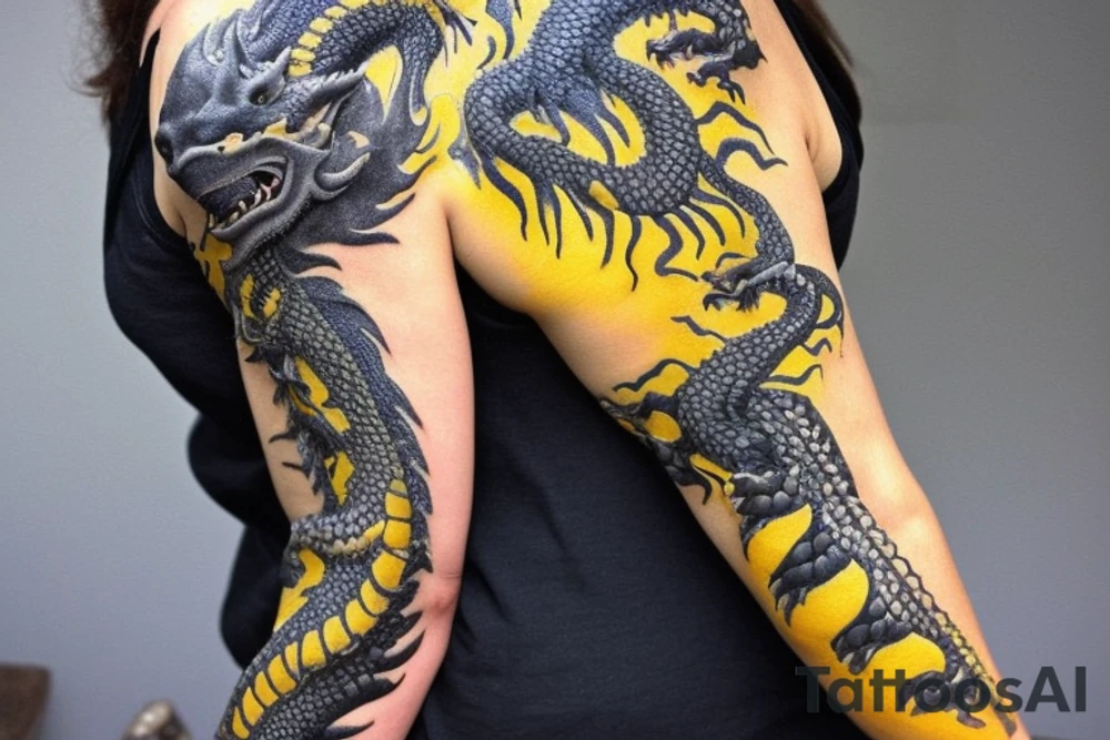 Shoulder sleeve
dragon tattoo with black scales, yellow highlights on scales, long sharp claws, silky hair and blue eyes. Its head is on the shoulder, and its body wraps around the arm in a spiral. The dragon's mouth is open as if it's roaring. Snowy mountains in the distance. The tallest peak is in the centre of the design, and the snow is piled high on the ground. tattoo idea