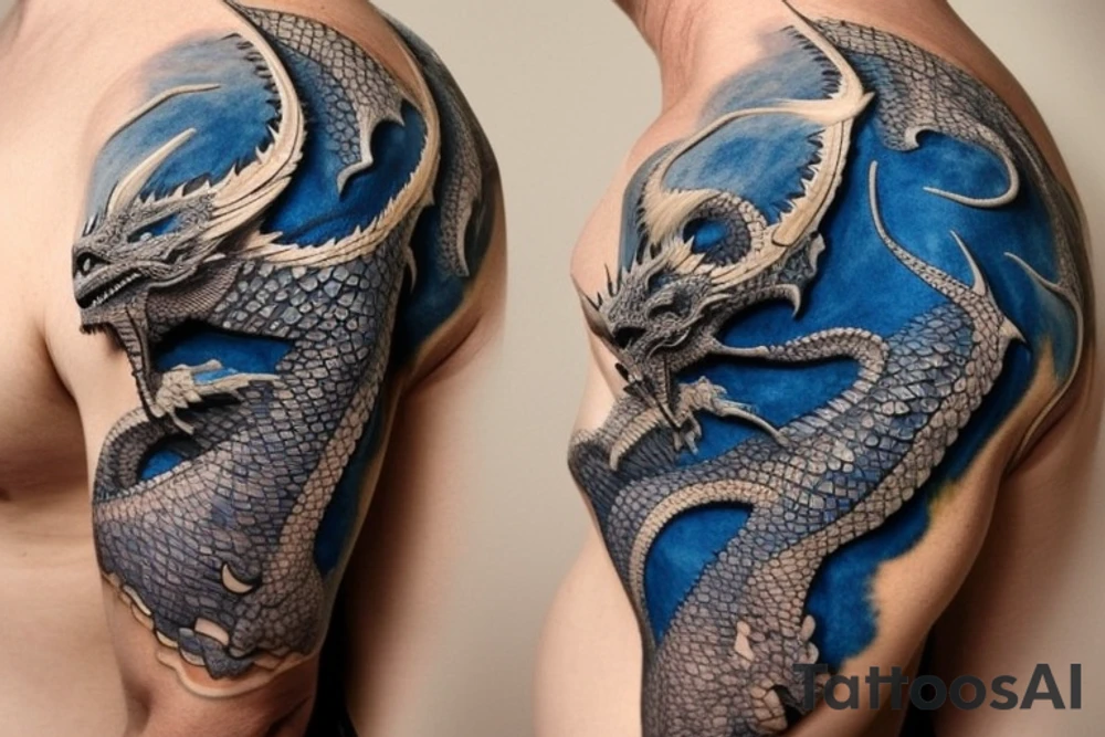 Shoulder sleeve
dragon tattoo with black scales, yellow highlights on scales, long sharp claws, silky hair and blue eyes. Its head is on the shoulder, and its body wraps around the arm in a spiral. The dragon's mouth is open as if it's roaring. Snowy mountains in the distance. The tallest peak is in the centre of the design, and the snow is piled high on the ground. tattoo idea