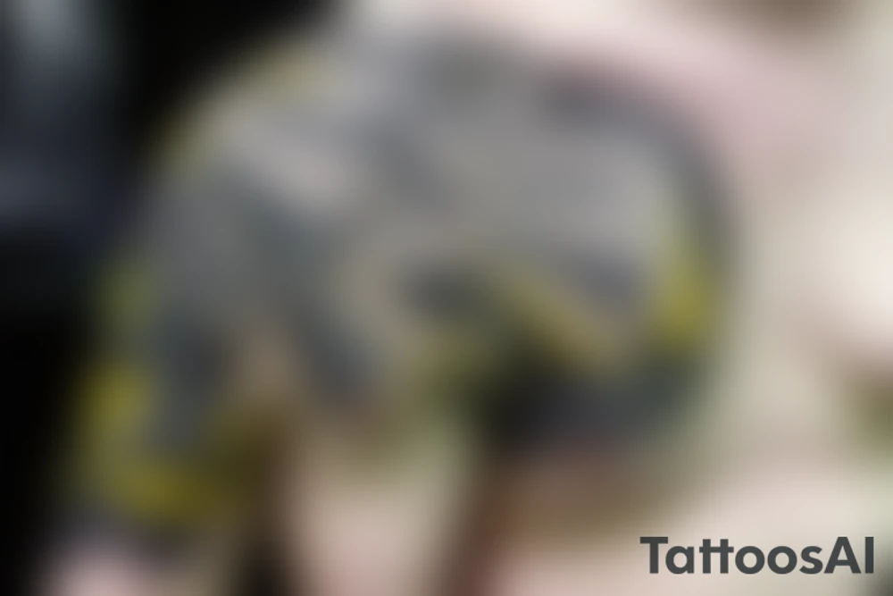 Shoulder sleeve
dragon tattoo with black scales, yellow highlights on scales, long sharp claws, silky hair and blue eyes. Its head is on the shoulder, and its body wraps around the arm in a spiral. The dragon's mouth is open as if it's roaring. Snowy mountains in the distance. The tallest peak is in the centre of the design, and the snow is piled high on the ground. tattoo idea