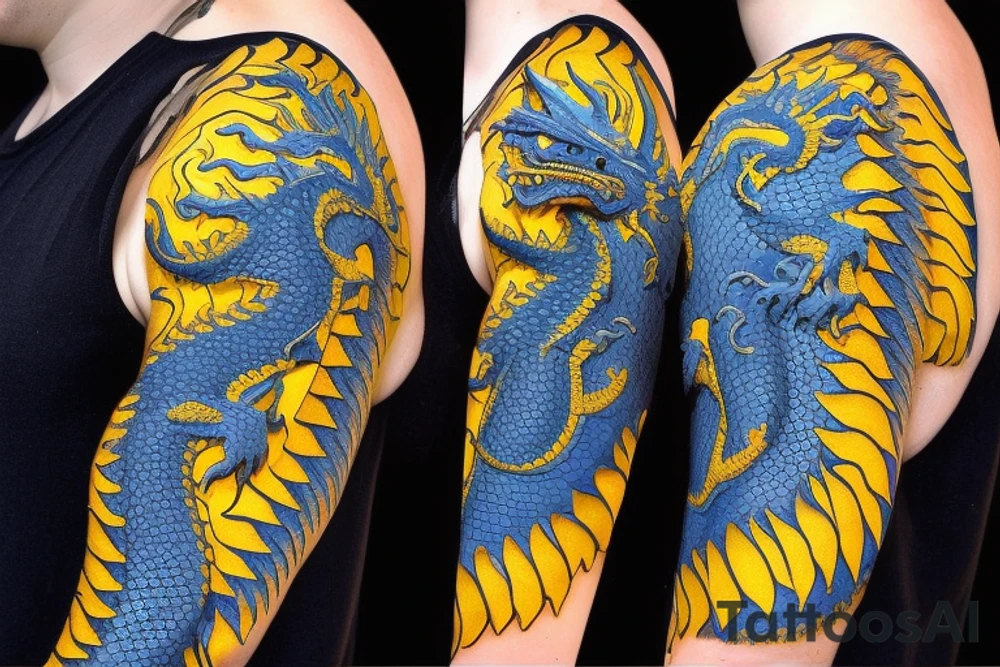Shoulder sleeve
dragon tattoo with black scales, yellow highlights on scales, long sharp claws, silky hair and blue eyes. Its head is on the shoulder, and its body wraps around the arm in a spiral. The dragon's mouth is open as if it's roaring. Snowy mountains in the distance. The tallest peak is in the centre of the design, and the snow is piled high on the ground. tattoo idea