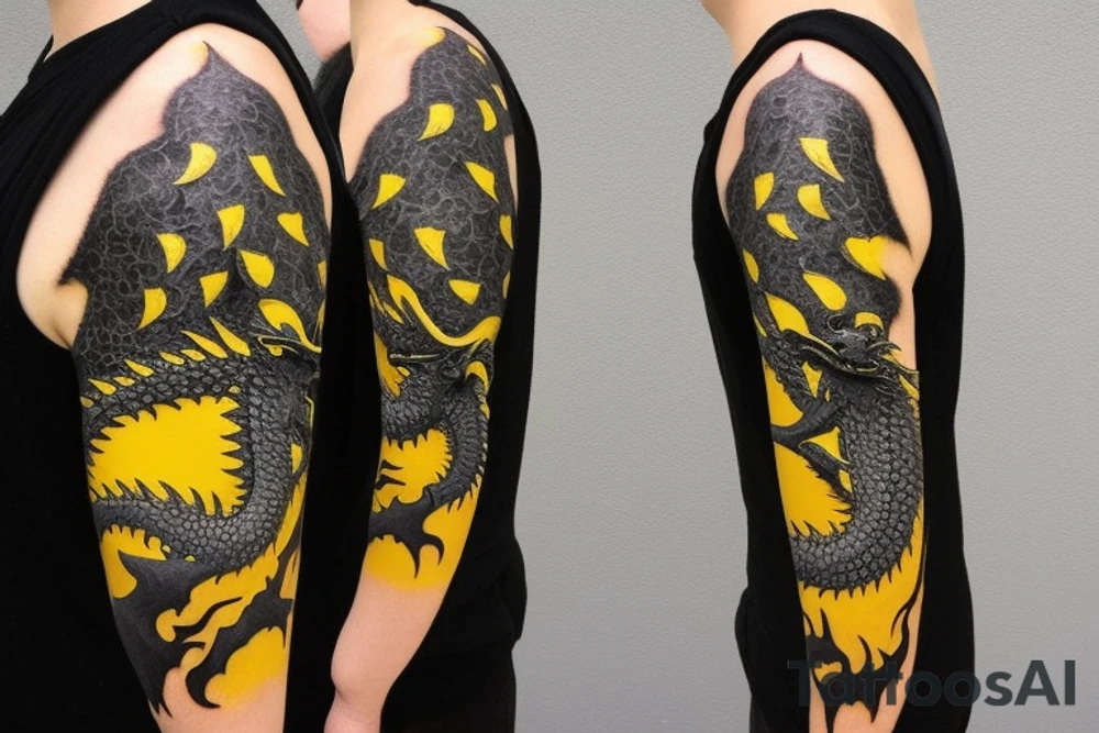 Shoulder sleeve
dragon tattoo with black scales, yellow highlights on scales, long sharp claws, silky hair and blue eyes. Its head is on the shoulder, and its body wraps around the arm in a spiral. The dragon's mouth is open as if it's roaring. Snowy mountains in the distance. The tallest peak is in the centre of the design, and the snow is piled high on the ground. tattoo idea
