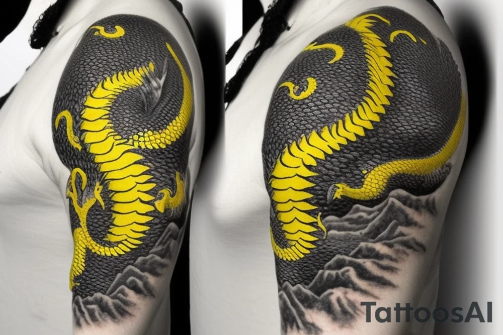 Shoulder sleeve
dragon tattoo with black scales, yellow highlights on scales, long sharp claws, silky hair and blue eyes. Its head is on the shoulder, and its body wraps around the arm in a spiral. The dragon's mouth is open as if it's roaring. Snowy mountains in the distance. The tallest peak is in the centre of the design, and the snow is piled high on the ground. tattoo idea