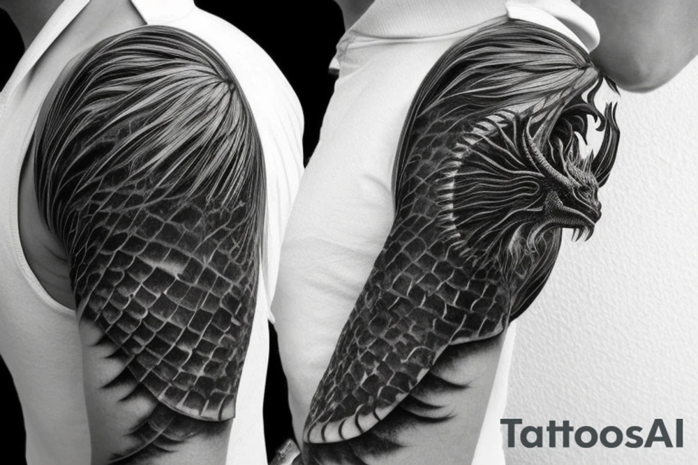 Shoulder sleeve
dragon tattoo with black scales, yellow highlights on scales, long sharp claws, silky hair and blue eyes. Its head is on the shoulder, and its body wraps around the arm in a spiral. The dragon's mouth is open as if it's roaring. Snowy mountains in the distance. The tallest peak is in the centre of the design, and the snow is piled high on the ground. tattoo idea