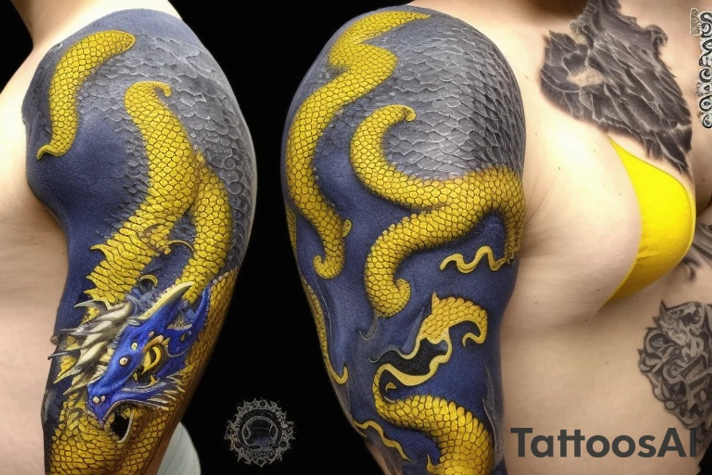 Shoulder sleeve
dragon tattoo with black scales, yellow highlights on scales, long sharp claws, silky hair and blue eyes. Its head is on the shoulder, and its body wraps around the arm in a spiral. The dragon's mouth is open as if it's roaring. Snowy mountains in the distance. The tallest peak is in the centre of the design, and the snow is piled high on the ground. tattoo idea