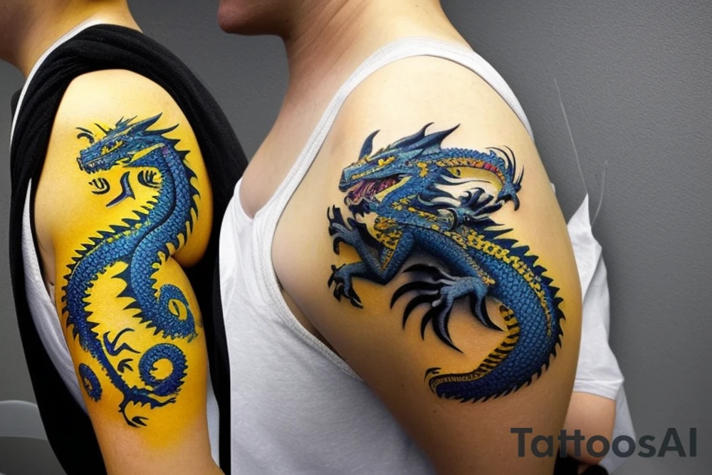 Shoulder sleeve
dragon tattoo with black scales, yellow highlights on scales, long sharp claws, silky hair and blue eyes. Its head is on the shoulder, and its body wraps around the arm in a spiral. The dragon's mouth is open as if it's roaring. Snowy mountains in the distance. The tallest peak is in the centre of the design, and the snow is piled high on the ground. tattoo idea