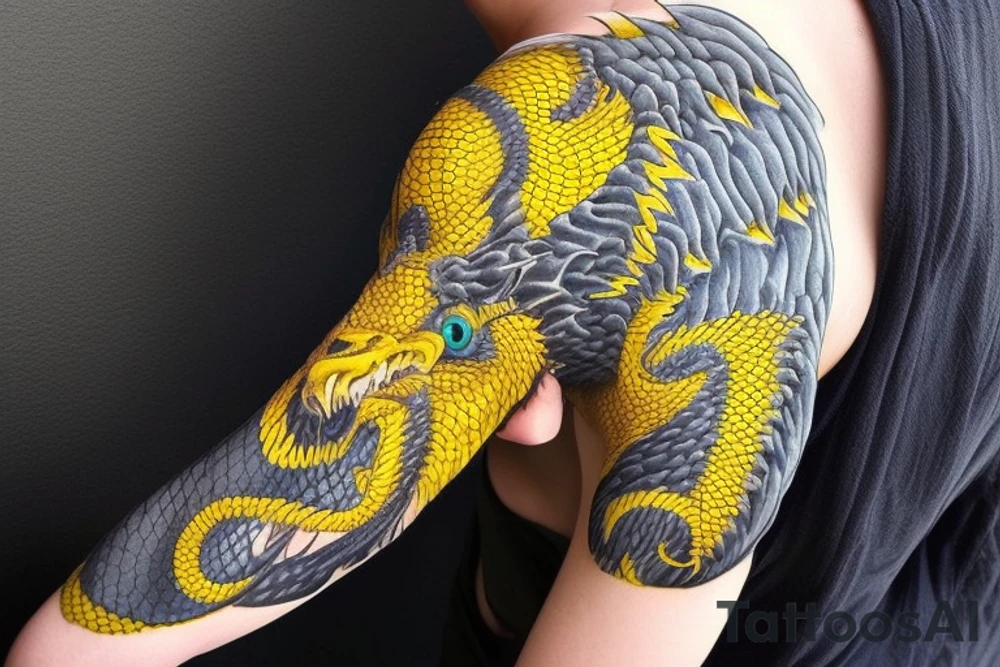 Shoulder sleeve
dragon tattoo with black scales, yellow highlights on scales, long sharp claws, silky hair and blue eyes. Its head is on the shoulder, and its body wraps around the arm in a spiral. The dragon's mouth is open as if it's roaring. Snowy mountains in the distance. The tallest peak is in the centre of the design, and the snow is piled high on the ground. tattoo idea