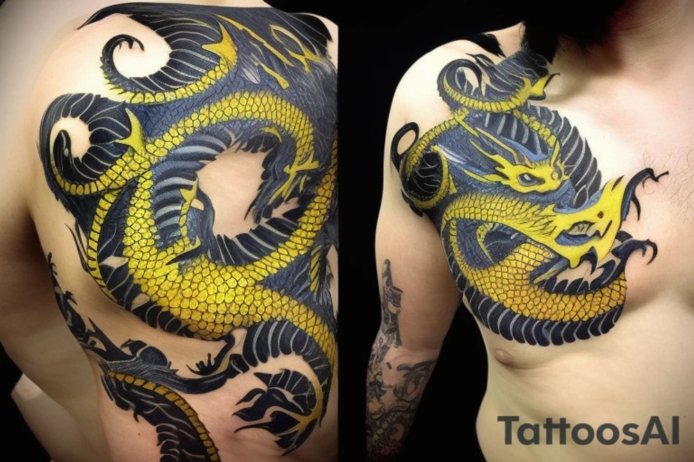 Shoulder sleeve
dragon tattoo with black scales, yellow highlights on scales, long sharp claws, silky hair and blue eyes. Its head is on the shoulder, and its body wraps around the arm in a spiral. The dragon's mouth is open as if it's roaring. Snowy mountains in the distance. The tallest peak is in the centre of the design, and the snow is piled high on the ground. tattoo idea