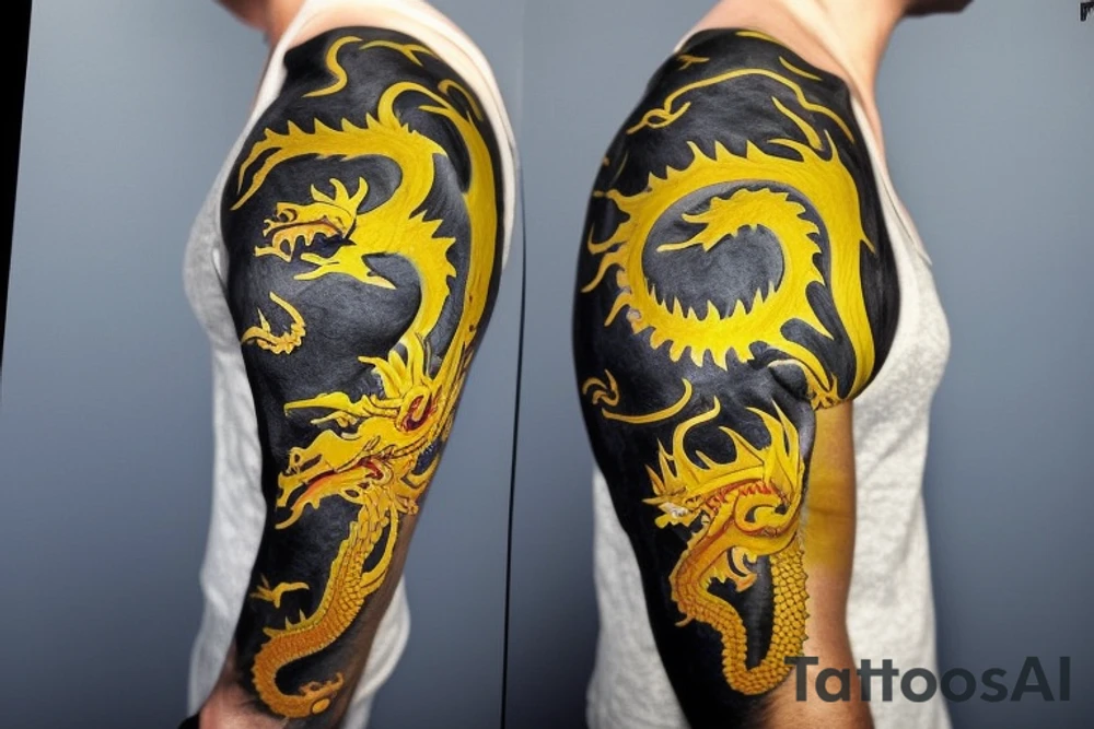 Shoulder sleeve
dragon tattoo with black scales, yellow highlights on scales, long sharp claws, silky hair and blue eyes. Its head is on the shoulder, and its body wraps around the arm in a spiral. The dragon's mouth is open as if it's roaring. Snowy mountains in the distance. The tallest peak is in the centre of the design, and the snow is piled high on the ground. tattoo idea