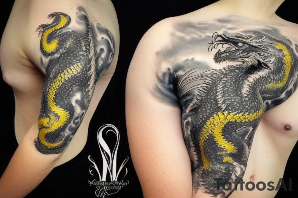 Shoulder sleeve
dragon tattoo with black scales, yellow highlights on scales, long sharp claws, silky hair and blue eyes. Its head is on the shoulder, and its body wraps around the arm in a spiral. The dragon's mouth is open as if it's roaring. Snowy mountains in the distance. The tallest peak is in the centre of the design, and the snow is piled high on the ground. tattoo idea