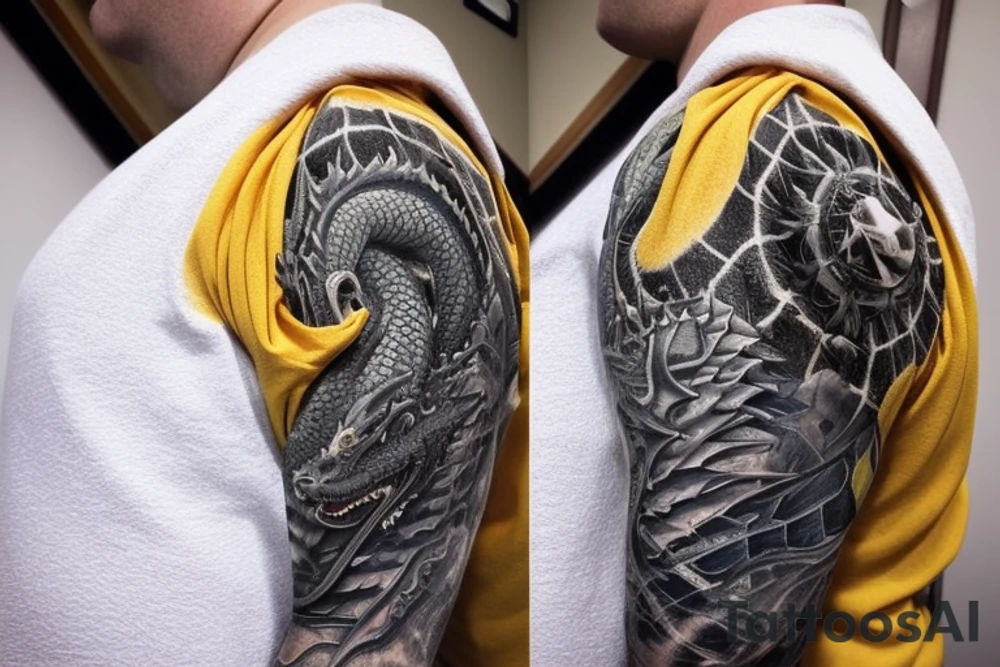 Shoulder sleeve
dragon tattoo with black scales, yellow highlights on scales, long sharp claws, silky hair and blue eyes. Its head is on the shoulder, and its body wraps around the arm in a spiral. The dragon's mouth is open as if it's roaring. Snowy mountains in the distance. The tallest peak is in the centre of the design, and the snow is piled high on the ground. tattoo idea