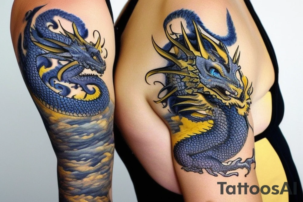 Shoulder sleeve
dragon tattoo with black scales, yellow highlights on scales, long sharp claws, silky hair and blue eyes. Its head is on the shoulder, and its body wraps around the arm in a spiral. The dragon's mouth is open as if it's roaring. Snowy mountains in the distance. The tallest peak is in the centre of the design, and the snow is piled high on the ground. tattoo idea