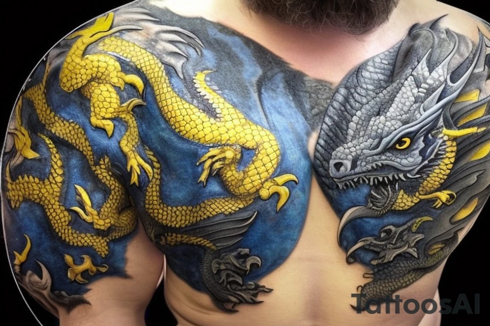 Shoulder sleeve
dragon tattoo with black scales, yellow highlights on scales, long sharp claws, silky hair and blue eyes. The dragons head is on the shoulder, and the dragons body wraps around the arm in a spiral. The dragon's mouth is open as if it's roaring. Snowy mountains in the distance. The tallest peak is in the centre of the design, and the snow is piled high on the ground. tattoo idea