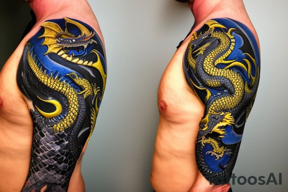 Shoulder sleeve
dragon tattoo with black scales, yellow highlights on scales, long sharp claws, silky hair and blue eyes. The dragons head is on the shoulder, and the dragons body wraps around the arm in a spiral. The dragon's mouth is open as if it's roaring. Snowy mountains in the distance. The tallest peak is in the centre of the design, and the snow is piled high on the ground. tattoo idea