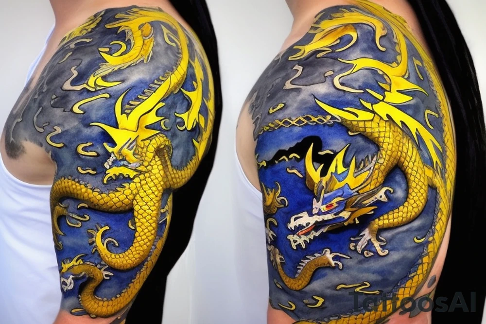 Shoulder sleeve
dragon tattoo with black scales, yellow highlights on scales, long sharp claws, silky hair and blue eyes. The dragons head is on the shoulder, and the dragons body wraps around the arm in a spiral. The dragon's mouth is open as if it's roaring. Snowy mountains in the distance. The tallest peak is in the centre of the design, and the snow is piled high on the ground. tattoo idea