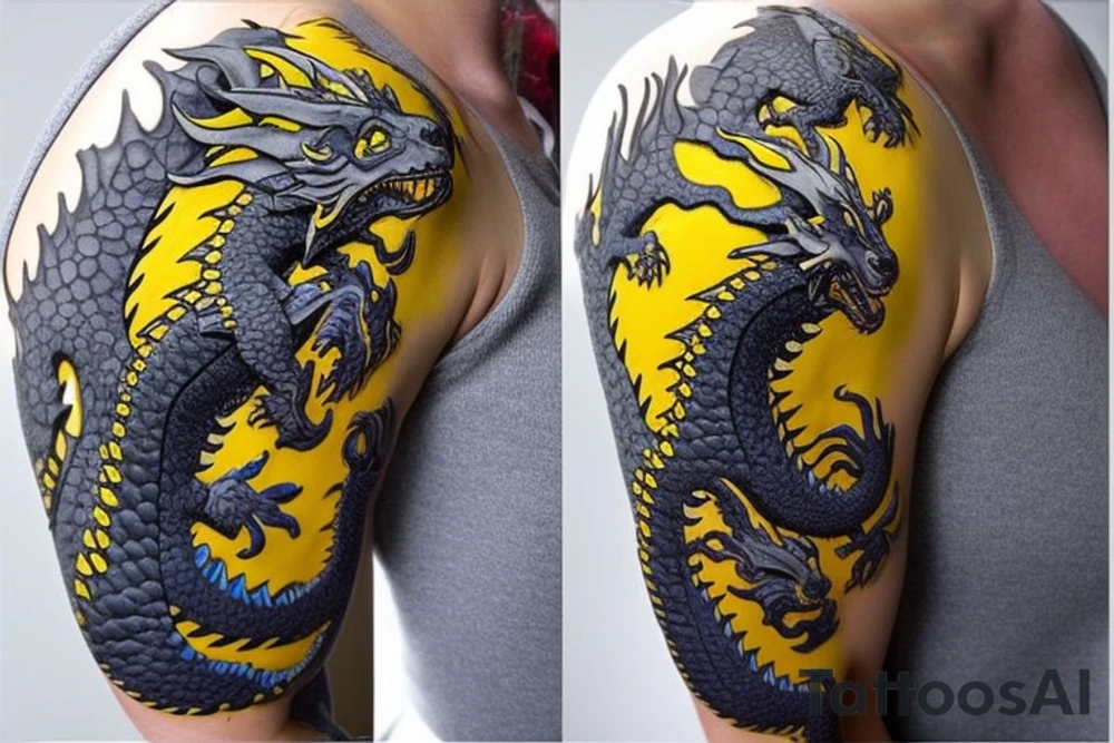Shoulder sleeve
dragon tattoo with black scales, yellow highlights on scales, long sharp claws, silky hair and blue eyes. The dragons head is on the shoulder, and the dragons body wraps around the arm in a spiral. The dragon's mouth is open as if it's roaring. Snowy mountains in the distance. The tallest peak is in the centre of the design, and the snow is piled high on the ground. tattoo idea