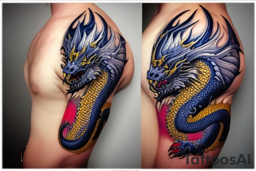 Shoulder sleeve
dragon tattoo with black scales, yellow highlights on scales, long sharp claws, silky hair and blue eyes. The dragons head is on the shoulder, and the dragons body wraps around the arm in a spiral. The dragon's mouth is open as if it's roaring. Snowy mountains in the distance. The tallest peak is in the centre of the design, and the snow is piled high on the ground.

flowly hair
trippy tattoo idea
