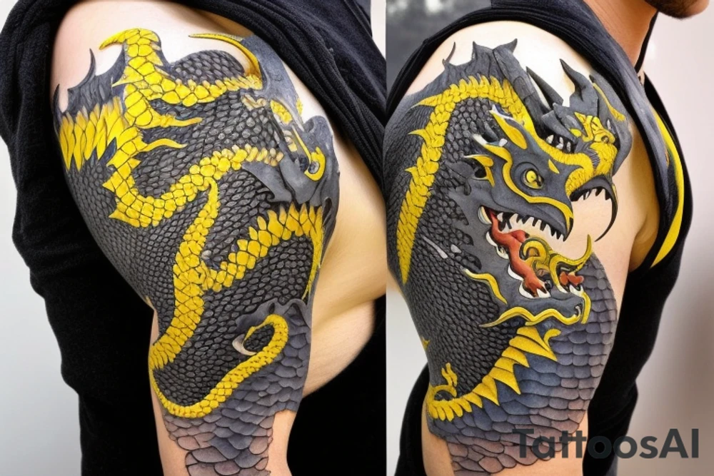 Shoulder sleeve
dragon tattoo with black scales, yellow highlights on scales, long sharp claws, silky hair and blue eyes. The dragons head is on the shoulder, and the dragons body wraps around the arm in a spiral. The dragon's mouth is open as if it's roaring. Snowy mountains in the distance. The tallest peak is in the centre of the design, and the snow is piled high on the ground.

flowly hair
trippy tattoo idea