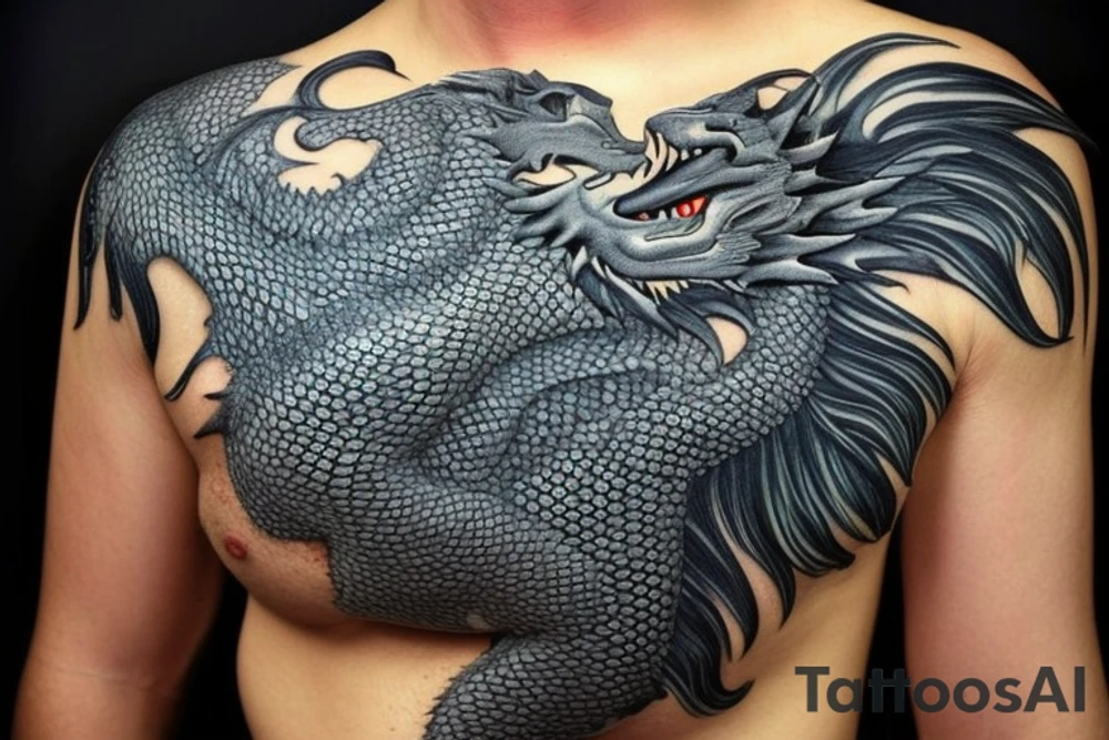 Shoulder sleeve
dragon tattoo with black scales, yellow highlights on scales, long sharp claws, silky hair and blue eyes. The dragons head is on the shoulder, and the dragons body wraps around the arm in a spiral. The dragon's mouth is open as if it's roaring. Snowy mountains in the distance. The tallest peak is in the centre of the design, and the snow is piled high on the ground.

flowy hair
trippy tattoo idea