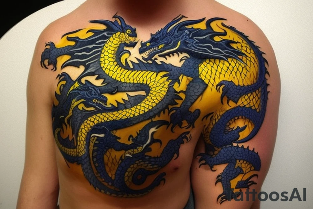 Shoulder sleeve
dragon tattoo with black scales, yellow highlights on scales, long sharp claws, silky hair and blue eyes. The dragons head is on the shoulder, and the dragons body wraps around the arm in a spiral. The dragon's mouth is open as if it's roaring. Snowy mountains in the distance. The tallest peak is in the centre of the design, and the snow is piled high on the ground.

flowy hair
trippy tattoo idea