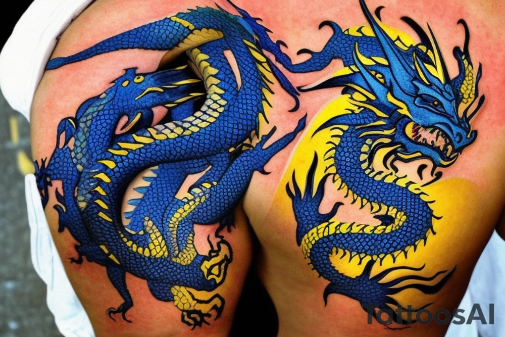 Shoulder sleeve
dragon tattoo with black scales, yellow highlights on scales, long sharp claws, silky hair and blue eyes. The dragons head is on the shoulder, and the dragons body wraps around the arm in a spiral. The dragon's mouth is open as if it's roaring. Snowy mountains in the distance. The tallest peak is in the centre of the design, and the snow is piled high on the ground.

silky hair
trippy tattoo idea