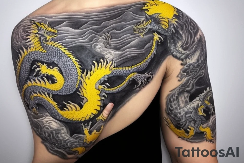 Shoulder sleeve
dragon tattoo with black scales, yellow highlights on scales, long sharp claws, silky hair and blue eyes. The dragons head is on the shoulder, and the dragons body wraps around the arm in a spiral. The dragon's mouth is open as if it's roaring. Snowy mountains in the distance. The tallest peak is in the centre of the design, and the snow is piled high on the ground.

silky hair
trippy tattoo idea