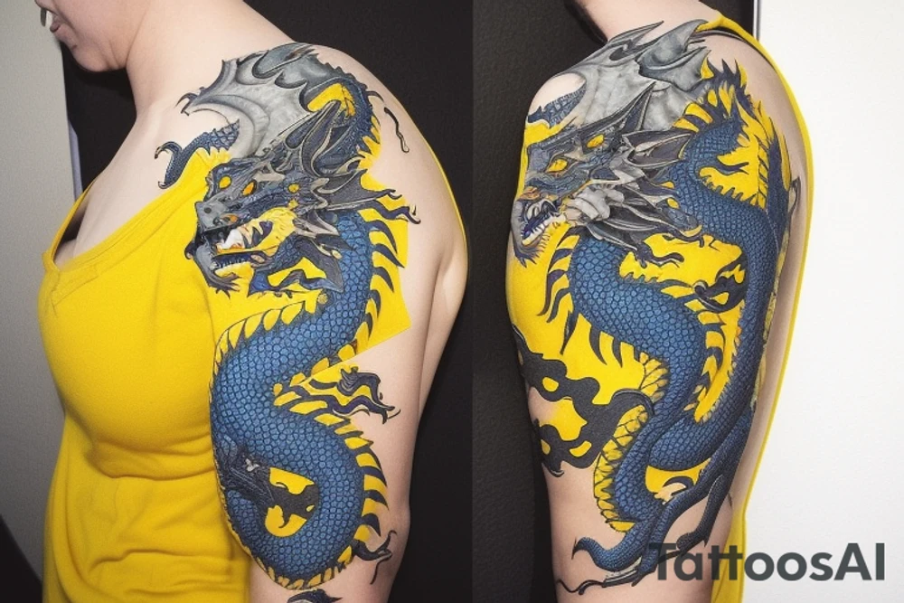 Shoulder sleeve
dragon tattoo with black scales, yellow highlights on scales, long sharp claws, silky hair and blue eyes. The dragons head is on the shoulder, and the dragons body wraps around the arm in a spiral. The dragon's mouth is open as if it's roaring. Snowy mountains in the distance. The tallest peak is in the centre of the design, and the snow is piled high on the ground.

silky hair
trippy
abstract negative spaces tattoo idea