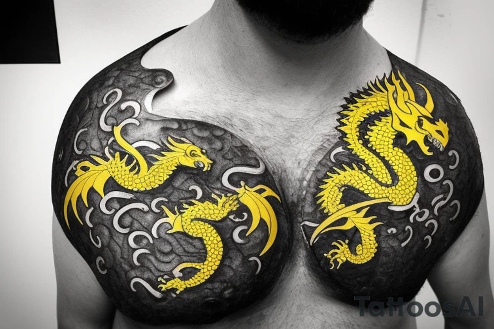 Shoulder sleeve
dragon tattoo with black scales, yellow highlights on scales, long sharp claws, silky hair and blue eyes. The dragons head is on the shoulder, and the dragons body wraps around the arm in a spiral. The dragon's mouth is open as if it's roaring. Snowy mountains in the distance. The tallest peak is in the centre of the design, and the snow is piled high on the ground.

silky hair
trippy
abstract negative spaces tattoo idea