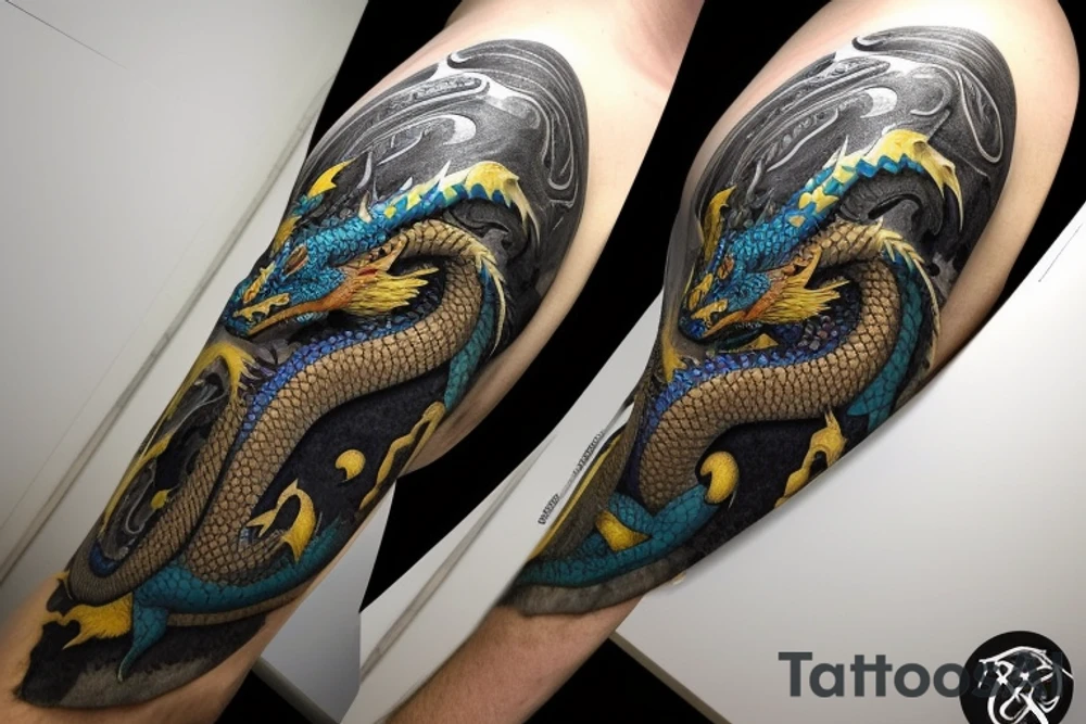 Shoulder sleeve
dragon tattoo with black scales, yellow highlights on scales, long sharp claws, silky hair and blue eyes. The dragons head is on the shoulder, and the dragons body wraps around the arm in a spiral. The dragon's mouth is open as if it's roaring. Snowy mountains in the distance. The tallest peak is in the centre of the design, and the snow is piled high on the ground.

silky hair
trippy
abstract negative spaces tattoo idea