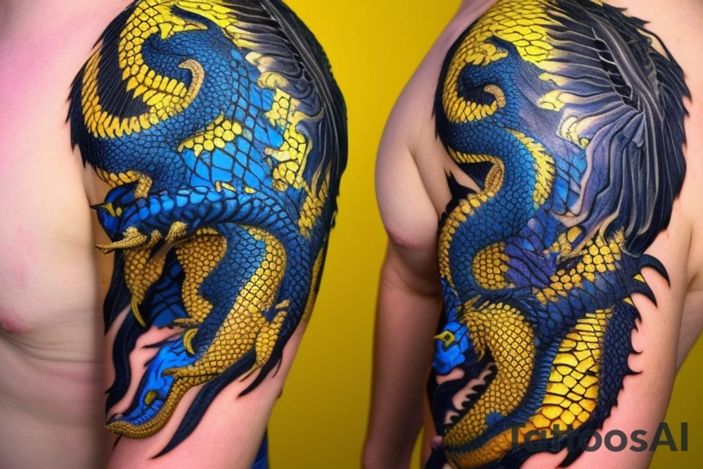 Shoulder sleeve
dragon tattoo with black scales, yellow highlights on scales, long sharp claws, silky hair and blue eyes. The dragons head is on the shoulder, and the dragons body wraps around the arm in a spiral. The dragon's mouth is open as if it's roaring. Snowy mountains in the distance. The tallest peak is in the centre of the design, and the snow is piled high on the ground.

silky hair
trippy
abstract negative spaces tattoo idea
