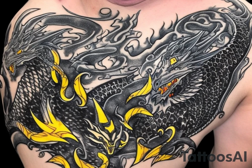 Shoulder sleeve
dragon tattoo with black scales, yellow highlights on scales, long sharp claws, silky hair and intense eyes. The dragons head is on the shoulder, and the dragons body wraps around the arm in a spiral. The dragon's mouth is open as if it's roaring. Snowy mountains in the distance. The tallest peak is in the centre of the design, and the snow is piled high on the ground.

silky hair
trippy
abstract negative spaces tattoo idea