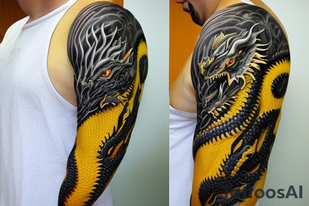 Shoulder sleeve
dragon tattoo with black scales, yellow highlights on scales, long sharp claws, silky hair and intense eyes. The dragons head is on the shoulder, and the dragons body wraps around the arm in a spiral. The dragon's mouth is open as if it's roaring. Snowy mountains in the distance. The tallest peak is in the centre of the design, and the snow is piled high on the ground.

silky hair
trippy
abstract negative spaces tattoo idea
