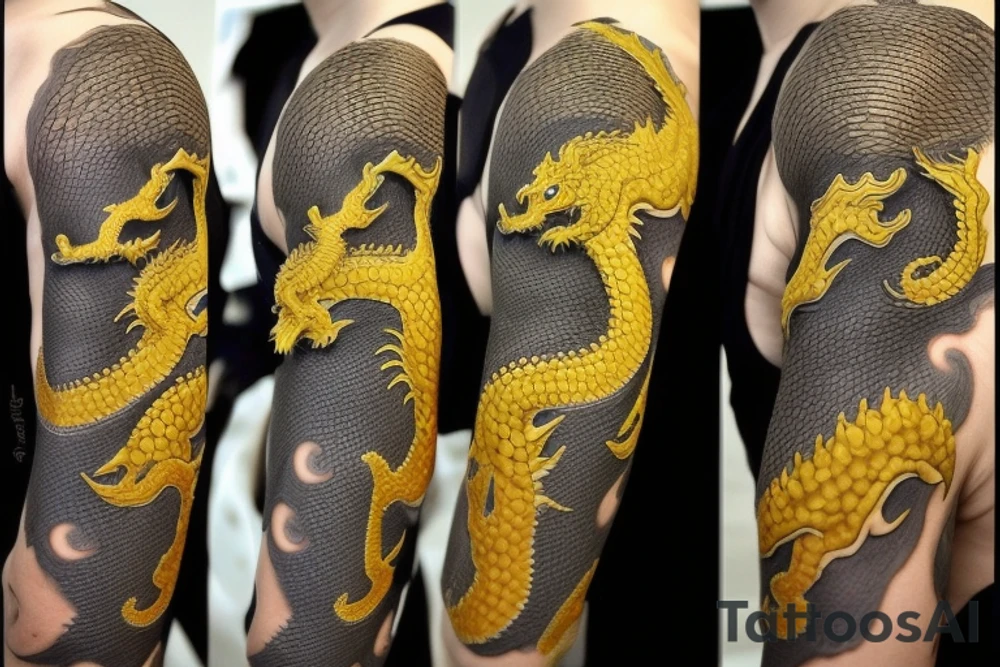 Shoulder sleeve
dragon tattoo with black scales, yellow highlights on scales, long sharp claws, silky hair and intense eyes. The dragon's head is on the shoulder, and the dragon's body wraps around the arm in a spiral. The dragon's mouth is open as if it's roaring. Snowy mountains in the distance. The tallest peak is in the centre of the design, and the snow is piled high on the ground.

silky hair
trippy
abstract negative spaces tattoo idea