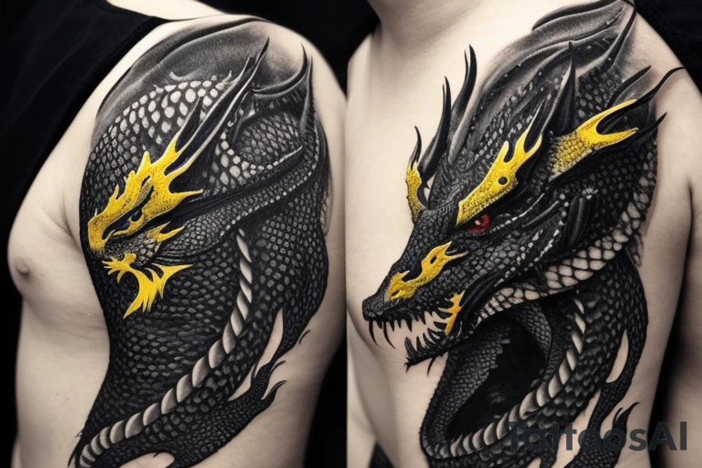 Shoulder sleeve
dragon tattoo with black scales, yellow highlights on scales, long sharp claws, silky hair and intense eyes. The dragon's head is on the shoulder, and the dragon's body wraps around the arm in a spiral. The dragon's mouth is open as if it's roaring. Snowy mountains in the distance. The tallest peak is in the centre of the design, and the snow is piled high on the ground.

silky hair
trippy
abstract negative spaces tattoo idea