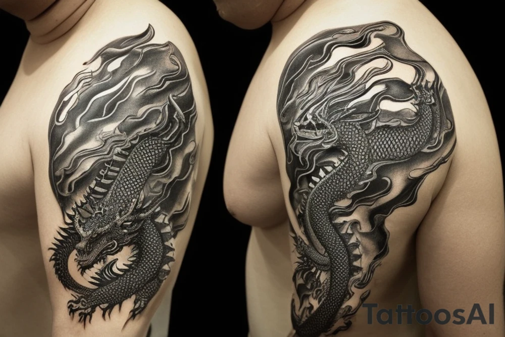 Shoulder sleeve
dragon tattoo with black scales, yellow highlights on scales, long sharp claws, silky hair and intense eyes. The dragon's head is on the shoulder, and the dragon's body wraps around the arm in a spiral. The dragon's mouth is open as if it's roaring. Snowy mountains in the distance. The tallest peak is in the centre of the design, and the snow is piled high on the ground.

silky hair
trippy
abstract white negative spaces tattoo idea