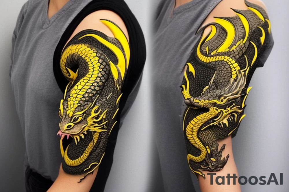 Shoulder sleeve
dragon tattoo with black scales, yellow highlights on scales, long sharp claws, silky hair and intense eyes. The dragon's head is on the shoulder, and the dragon's body wraps around the arm in a spiral. The dragon's mouth is open as if it's roaring. Snowy mountains in the distance. The tallest peak is in the centre of the design, and the snow is piled high on the ground.

silky hair
trippy
abstract white negative spaces tattoo idea