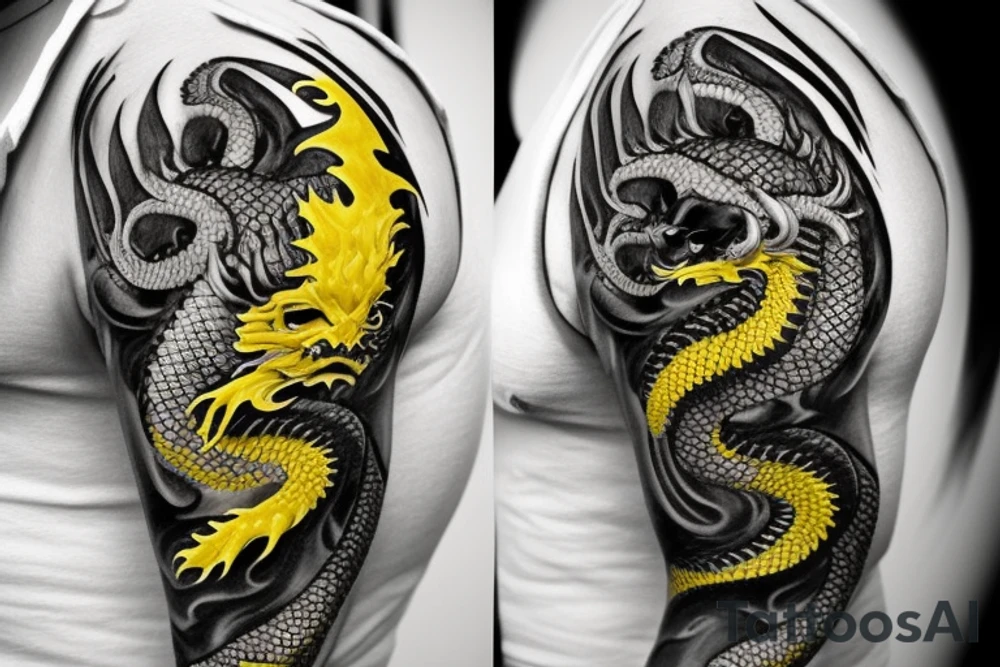 Shoulder sleeve
dragon tattoo with black scales, yellow highlights on scales, long sharp claws, silky hair and intense eyes. The dragon's head is on the shoulder, and the dragon's body wraps around the arm in a spiral. The dragon's mouth is open as if it's roaring. Snowy mountains in the distance. The tallest peak is in the centre of the design, and the snow is piled high on the ground.

silky hair
trippy
abstract white negative spaces tattoo idea