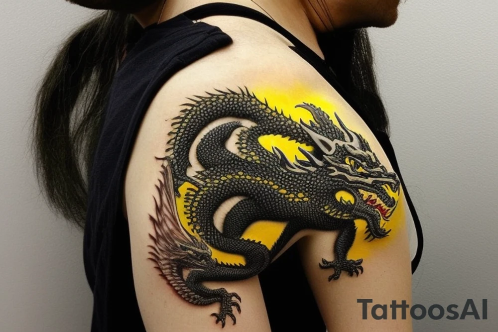 Shoulder sleeve
dragon tattoo with black scales, yellow highlights on scales, long sharp claws, silky hair and intense eyes. The dragon's head is on the shoulder, and the dragon's body wraps around the arm in a spiral. The dragon's mouth is open as if it's roaring. Snowy mountains in the distance. The tallest peak is in the centre of the design, and the snow is piled high on the ground.

silky hair
trippy
abstract white negative spaces tattoo idea