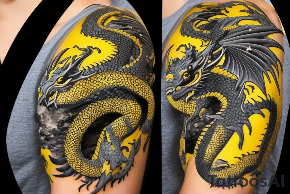 Shoulder sleeve
dragon tattoo with black scales, yellow highlights on scales, long sharp claws, silky hair and intense eyes. The dragon's head is on the shoulder, and the dragon's body wraps around the arm in a spiral. The dragon's mouth is open as if it's roaring. Snowy mountains in the distance. The tallest peak is in the centre of the design, and the snow is piled high on the ground.

silky hair
trippy
abstract white negative spaces tattoo idea