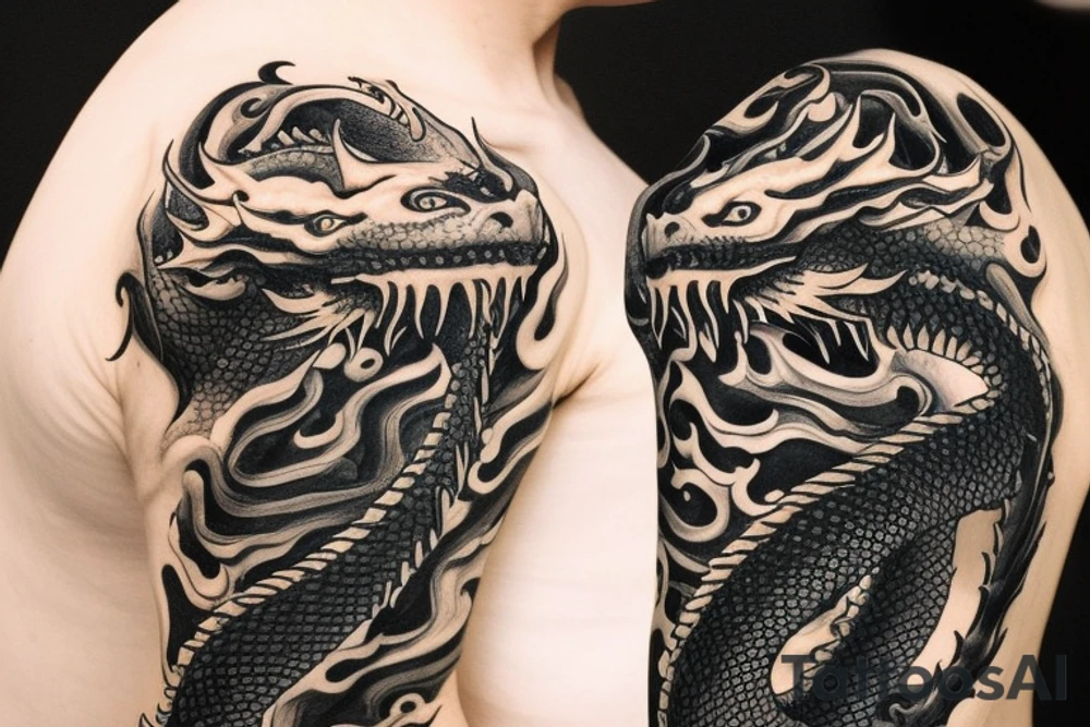 Shoulder sleeve
dragon tattoo with black scales, yellow highlights on scales, long sharp claws, silky hair and intense eyes. The dragon's head is on the shoulder, and the dragon's body wraps around the arm in a spiral. The dragon's mouth is open as if it's roaring. Snowy mountains in the distance. The tallest peak is in the centre of the design, and the snow is piled high on the ground.

silky hair
trippy
abstract white negative spaces tattoo idea